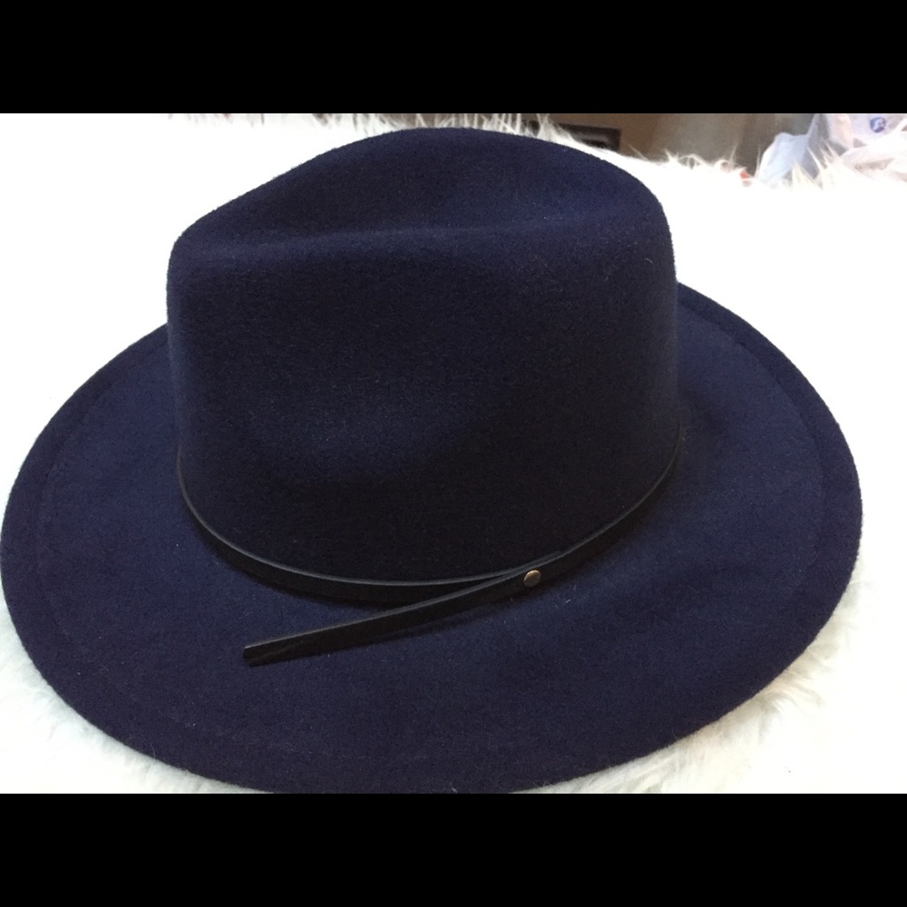 Navy Faux Wool Fedora Felt Hat Wide Brim 57 - Picture 2 of 6